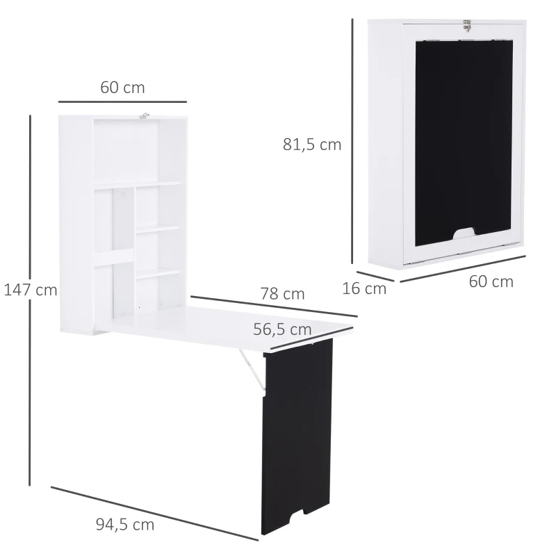 HOMCOM Mesa de Pared Plegable con Pizarra y Estantes Espaciosos Fácil Montaje Escritorio Auxiliar de Pared 60x94,5x147 cm Blanco