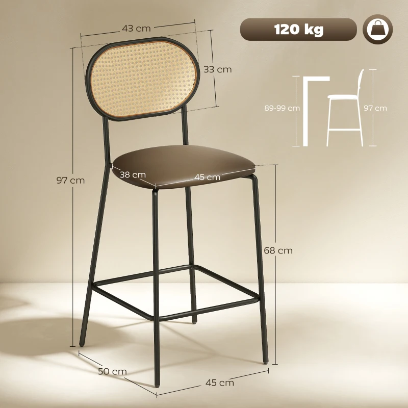HOMCOM Conjunto de 2 Bancos de Bar Bancos Altos de Cozinha com Encosto em Vime Assento em PU Estrutura de Aço 45x50x97 cm Marrom