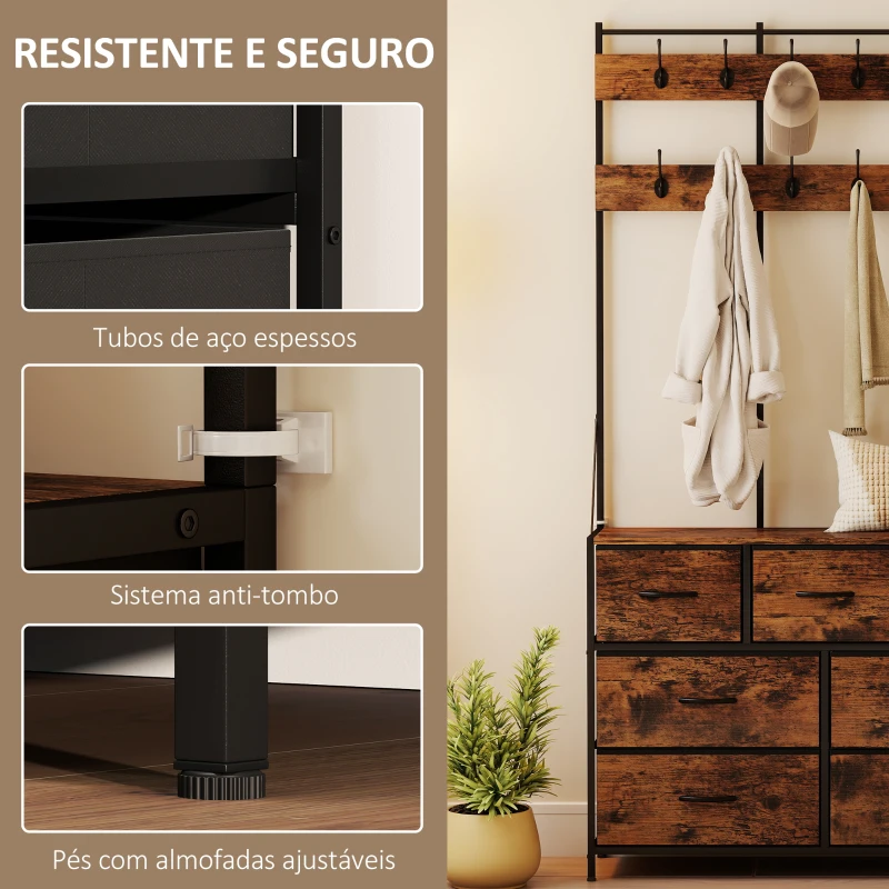 HOMCOM Suporte para Cabides Móvel de Arrumação com Sapateira 14 Ganchos 7 Gavetas de Tecido e Prateleira 100x30x183 cm Castanho Rústico
