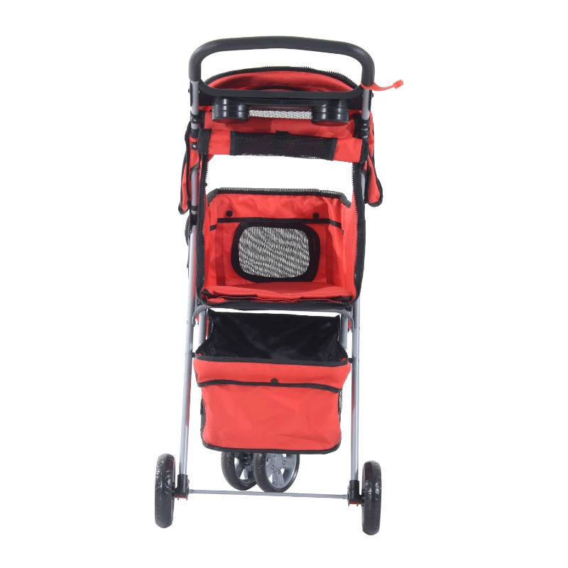 PawHut Carrito para Perros Pequeños con Cesta de Almacenaje Ventanas de Malla y 2 Ruedas Universales 75x45x97 cm Rojo