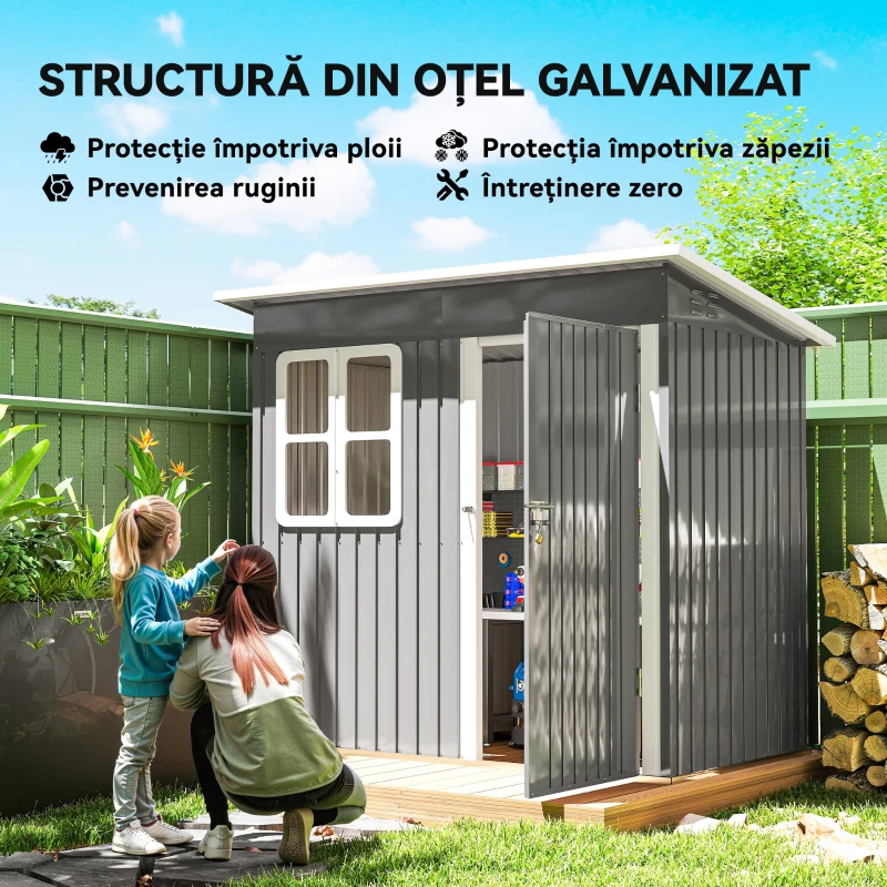Outsunny Căsuță de Grădină pentru Unelte cu Ușă Batantă și Acoperiș Înclinat, 221x133x190 cm, Gri Închis(m-4)