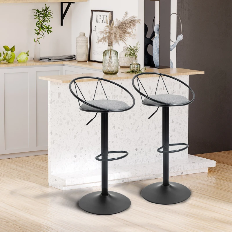 HOMCOM Lot de 2 tabourets de Bar Design néo-rétro réglable pivotant avec Repose-Pied métal Noir Lin Gris