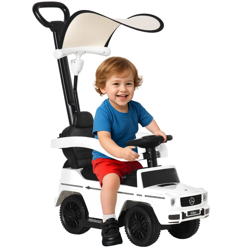 HOMCOM Porteur Enfants Voiture Enfant Multi-équipée 12-36 Mois klaxon Marche-Pieds, Garde-Corps et ombrelle Blanc