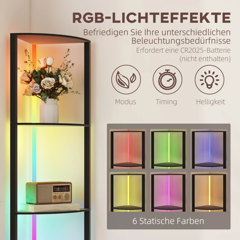 HOMCOM LED Vloerlamp 5-niveaus dimbare vloerlamp met rek, RGB kleurenwisseling, afstandsbediening