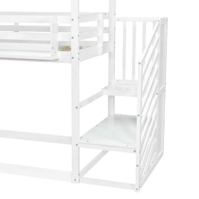 3ft Bunk Bed with Decorative Canopy, Corner Staircase, Picture Bookshelf, MDF and Pinewood Frame, 250L x 108W x 228.5H cm, White+Green
