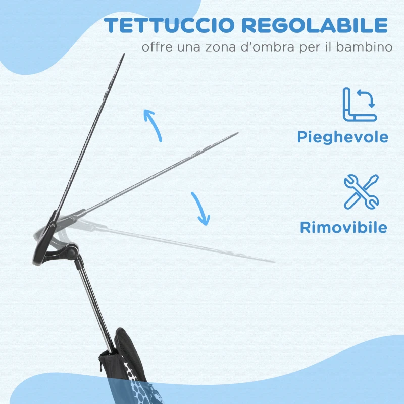 HOMCOM Triciclo per Bambini con Maniglione di Spinta, Tettuccio, Barra di Sicurezza e Box, 105x47x89 cm, Bianco e Nero