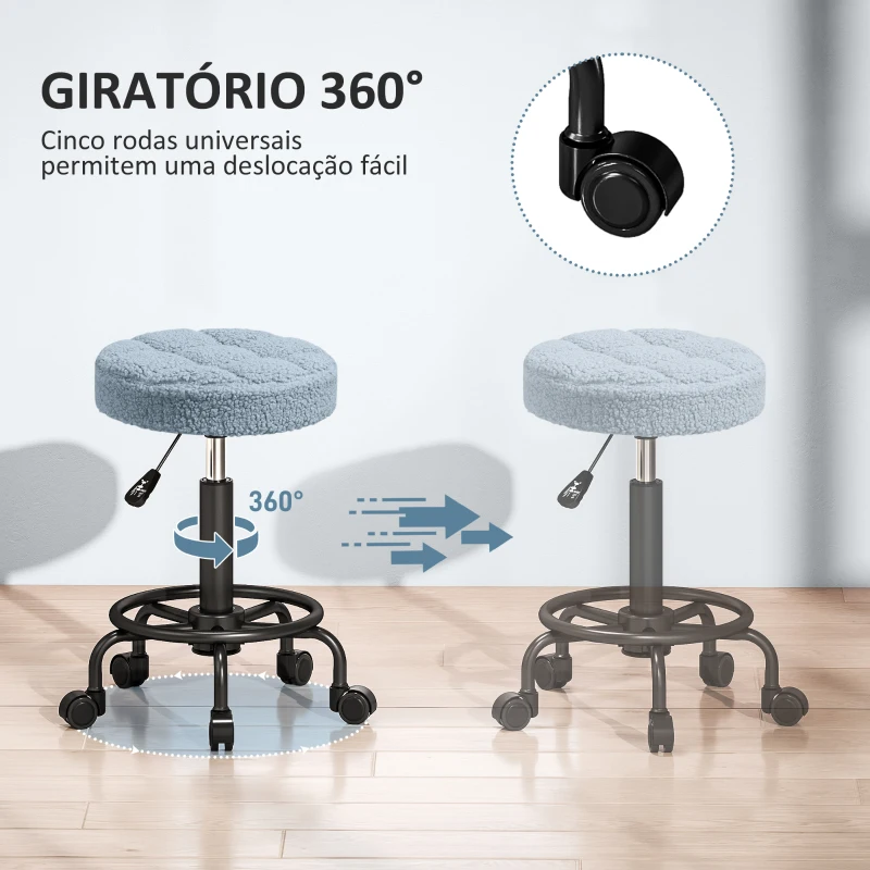 HOMCOM Banco Giratório Redondo Banco com Rodas Altura Regulável 50-66 cm Assento Estofado em Tecido tipo Borreguito Azul