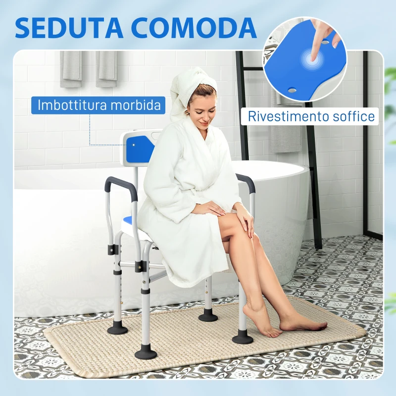 HOMCOM Sedia da Doccia con Seduta Scanalata, Altezza Regolabile e Piedini Antiscivolo, Blu