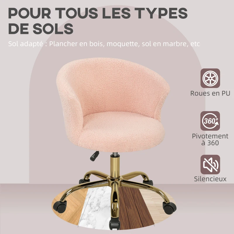 Vinsetto Chaise de bureau, fauteuil de bureau ergonomique réglable en hauteur, siège pivotante, piètement en acier, rose