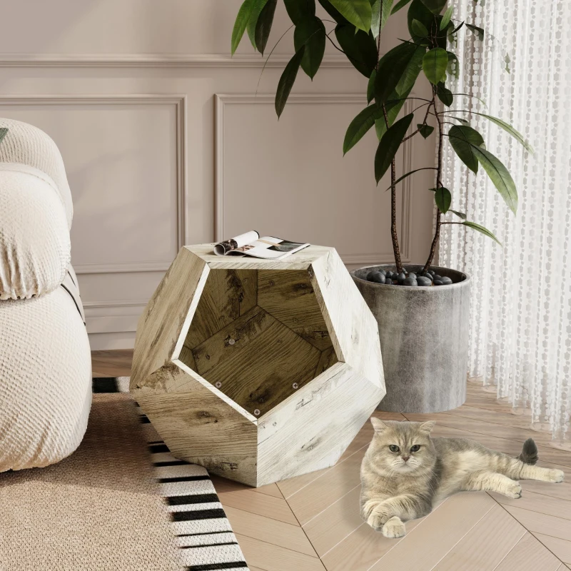 Niche pour chat polygonale avec veinure de bois, table d'appoint pour le canapé, 66x66x53 cm, Blanc chêne