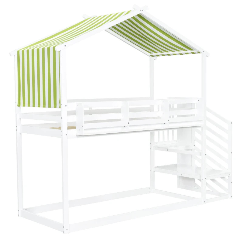 3ft Bunk Bed with Decorative Canopy, Corner Staircase, Picture Bookshelf, MDF and Pinewood Frame, 250L x 108W x 228.5H cm, White+Green