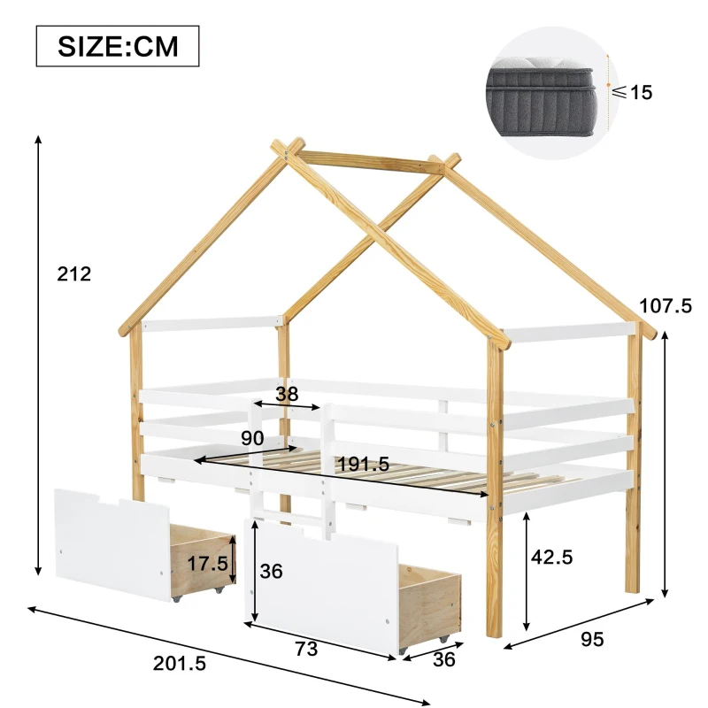3ft Children's Bed with 2 Storage Drawers, Safety Guardrail, MDF and Pinewood Frame, Roof Design, 201.5L x 95W x 212H cm, White+Natural