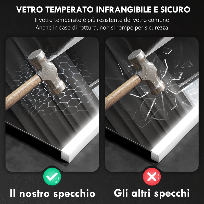 HOMCOM Specchio da Bagno con Luce LED a 3 Colori e Funzione Memory, in Vetro Temperato, 70x50x3 cm, Argento