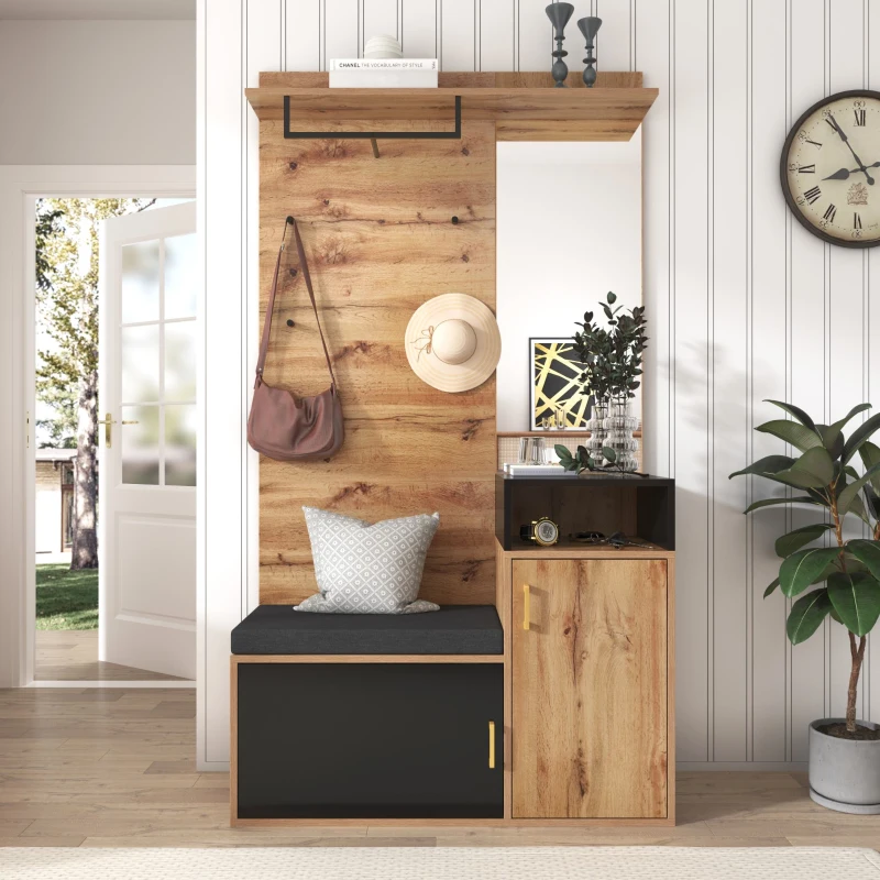 Elegant Hallway Wardrobe Set with Mirror, Shoe Cabinet, Coat Hooks, Bench Seat, Ideal for Entryway, 105L x 40W x 191H cm, Black+Natural