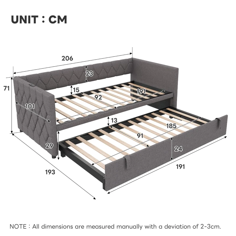 Upholstered Daybed with USB and Type-C Ports, Button-Tufted Pull-out Trundle Bed for Bedroom, Study Room, 206L x 193W x 71H cm, Grey