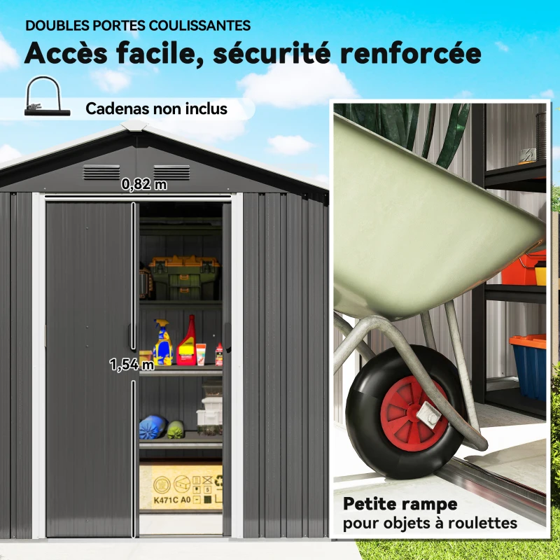 Outsunny Abri de jardin en métal grand espace de rangement extérieur avec portes coulissantes 194 x 110 x 184 cm gris foncé(m-5)