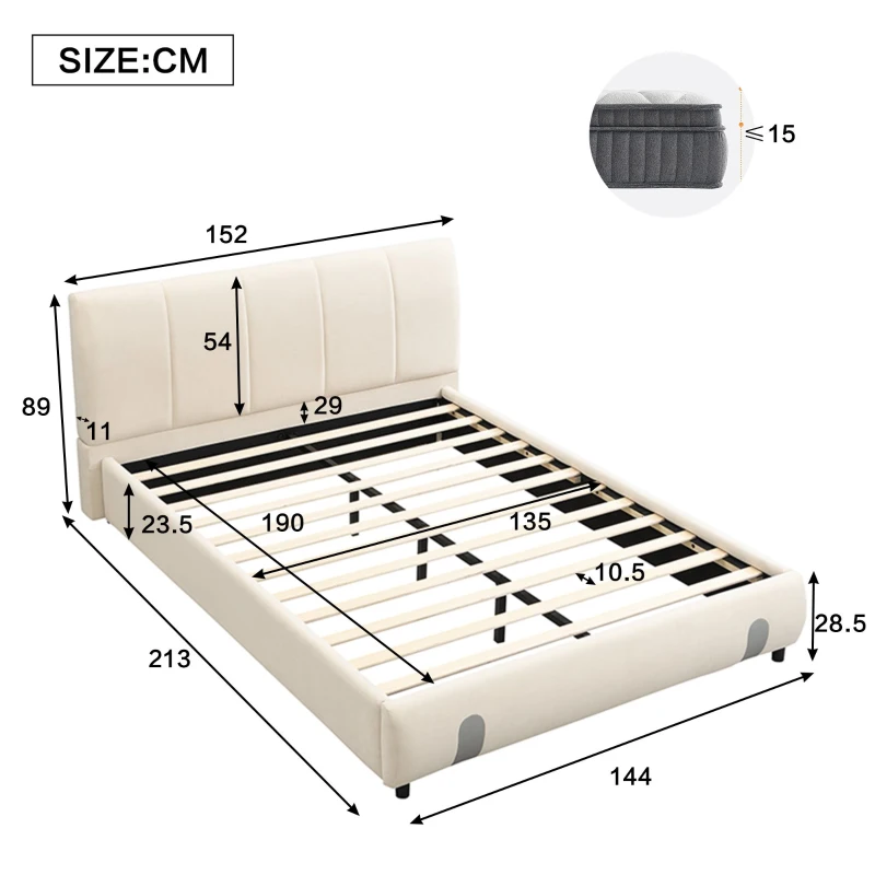 4ft6 Upholstered Double Bed with Durable Frame, Soft Headboard, Sturdy Slats, Velvet Bed for Adults, Teenagers, 213L x 152W x 89H cm, White