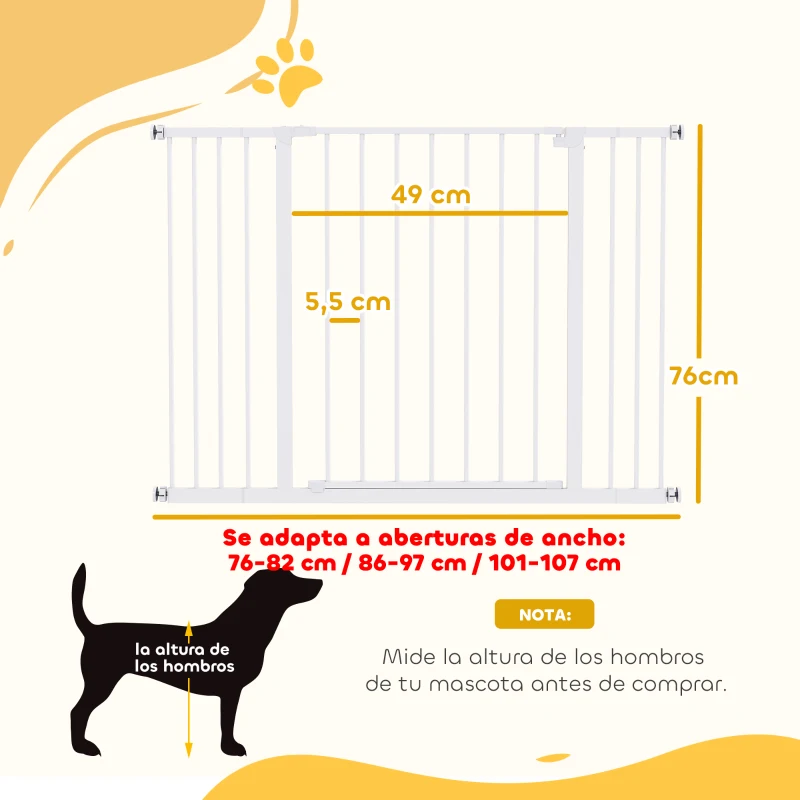 PawHut Barrera de Seguridad Extensible Puertas y Escaleras Metálica para Perros y Bebé Barrera Puertas Mascota 2 Extensiones 15/10 cm, 76-107x76 cm Blanco