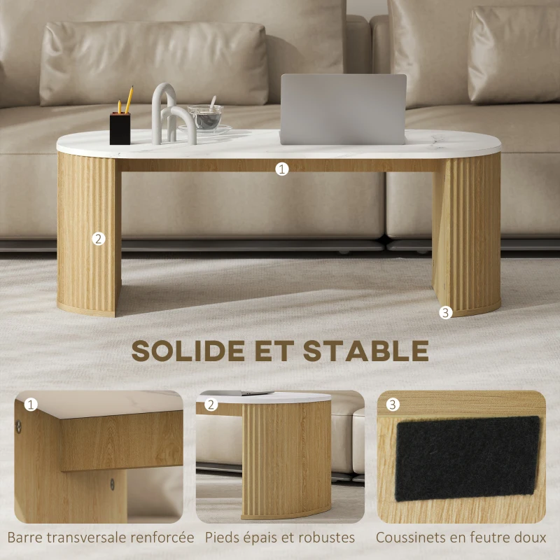 HOMCOM Table basse ovale, table d'appoint aspect effet marbre, coins arrondis pieds épais, 110 x 50 x 40 cm, blanc