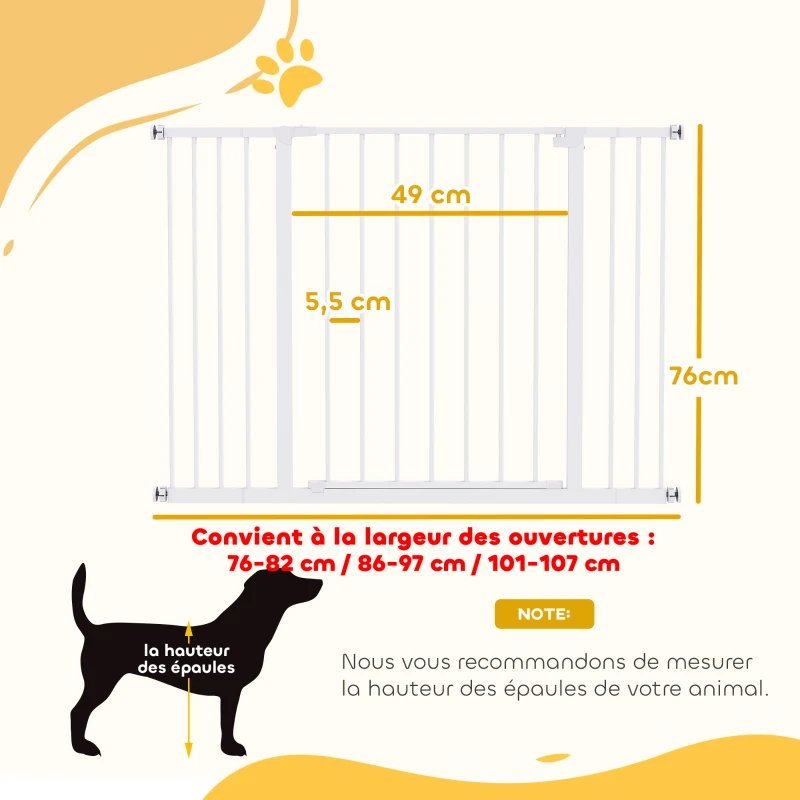 PawHut Barrière de sécurité longueur réglable 76-82 / 86-97 / 101-107 cm hauteur 76 cm sans perçage métal plastique blanc