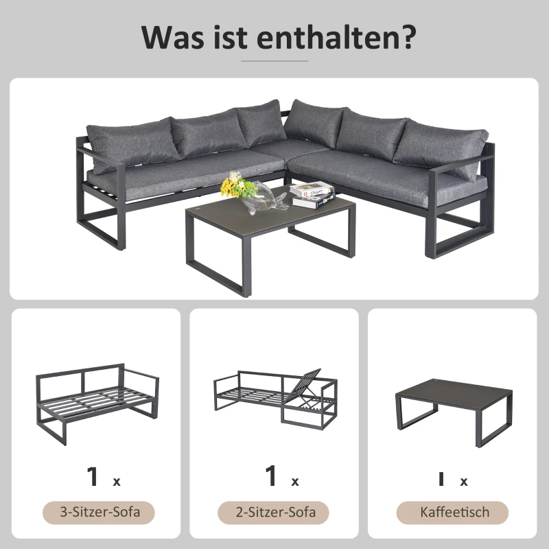 Outsunny 3-tlg. Gartengarnitur Gartenmöbel-Set mit Breitem Sitz, 4-stufig verstellbar Gartenliege Gartenset Sitzgruppe mit Beistelltisch Sofa mit Kissen Outdoor Aluminium Grau