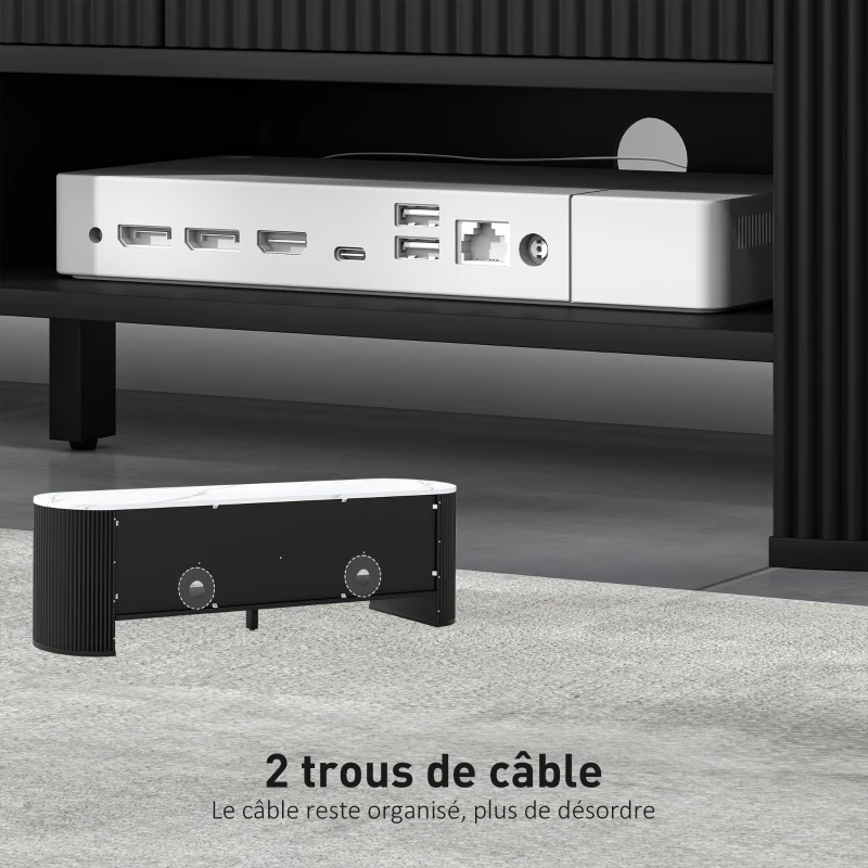 HOMCOM Meuble TV 140 cm, meuble télé pour téléviseur 65 pouces effet marbre avec 3 tiroirs façades à cannelures 2 étagères noir