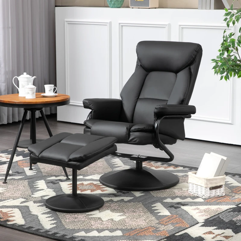 HOMCOM Swivel Recliner Chair with Footstool, PU Leather Recliner Armchair with Ottoman, Steel Base, Upholstered Reclining Chair for Living Room, Bedroom, Office, Black
