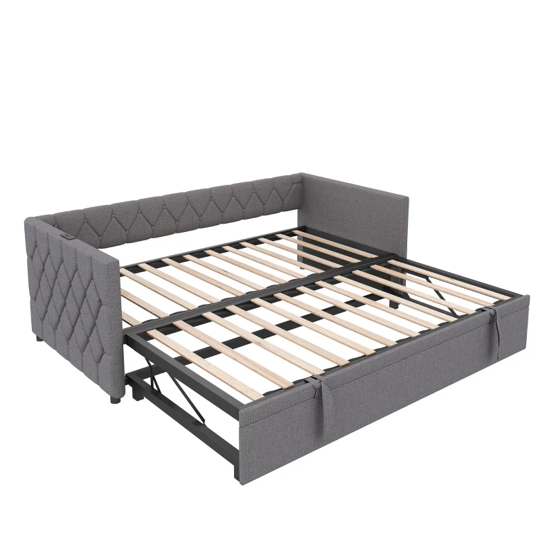 Upholstered Daybed with USB and Type-C Ports, Button-Tufted Pull-out Trundle Bed for Bedroom, Study Room, 206L x 193W x 71H cm, Grey