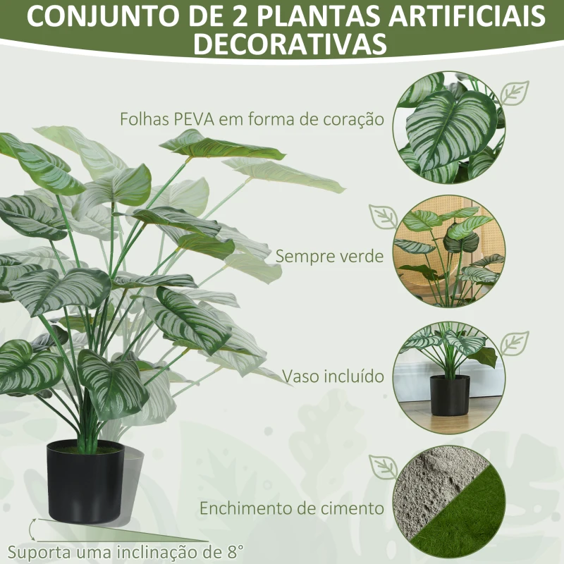 HOMCOM Conjunto de 2 Plantas Artificiais Decorativas 65 cm Plantas Artificiais com Vaso e Folhas para Interior Verde