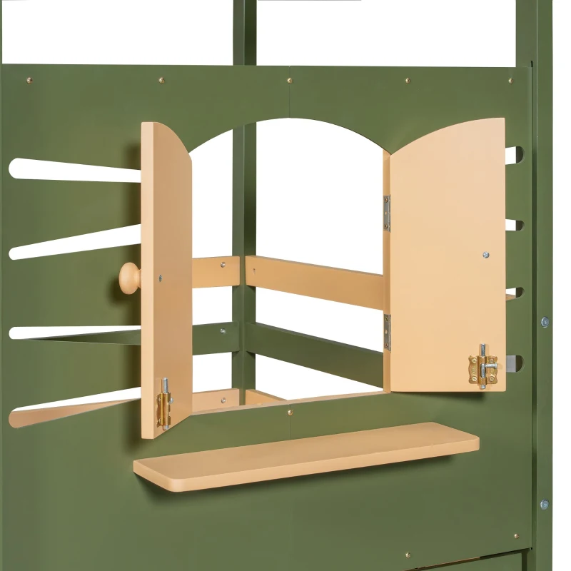 3ft Single Bed with 2 Storage Drawers, Safety Guardrail, Children's Wooden Bed with Faux Roof Design, 197.5L x 97W x 166H cm, Green+Natural