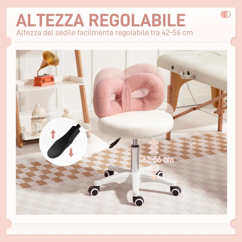HOMCOM Sgabello Girevole ad Altezza Regolabile con Schienale ad Arco, in Tessuto Teddy, 50x50x63-77 cm, Bianco e Rosa