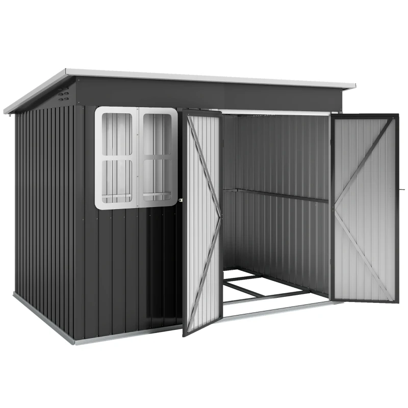Outsunny 8.5 x 6ft Storage Shed Galvanised Steel Garden Shed, Metal Shed with Foundation Kit, Window, Lockable Wide Doors and Air Vents for Outdoor Patio, Dark Grey