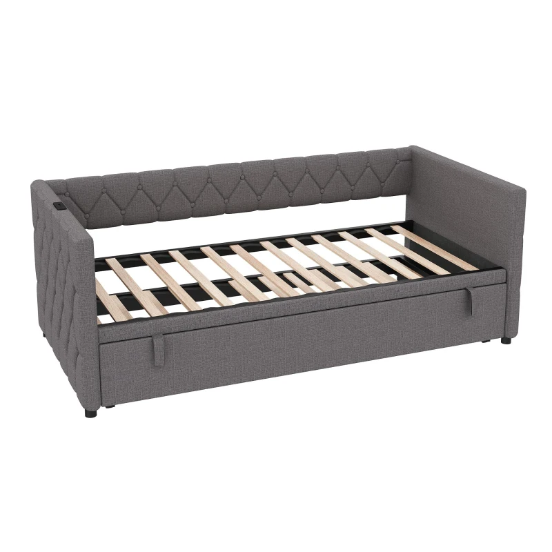 Upholstered Daybed with USB and Type-C Ports, Button-Tufted Pull-out Trundle Bed for Bedroom, Study Room, 206L x 193W x 71H cm, Grey