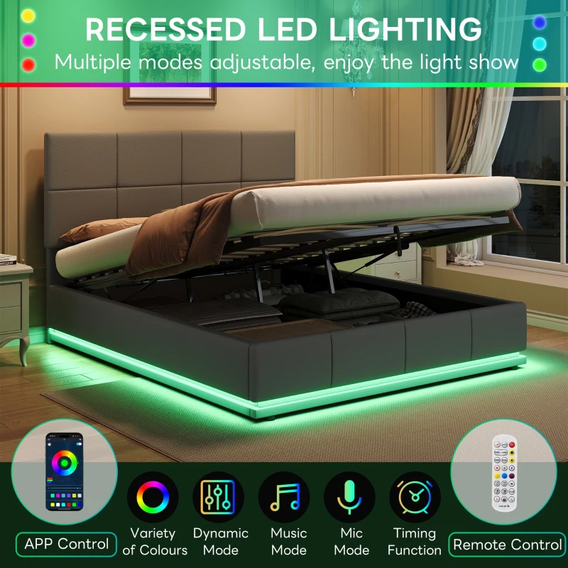 Ottoman Double Bed with PU Leather Finish, LED Lighting, Hydraulic Storage Bed with Adjustable Headboard, 193L x 142W x 111H cm, Grey