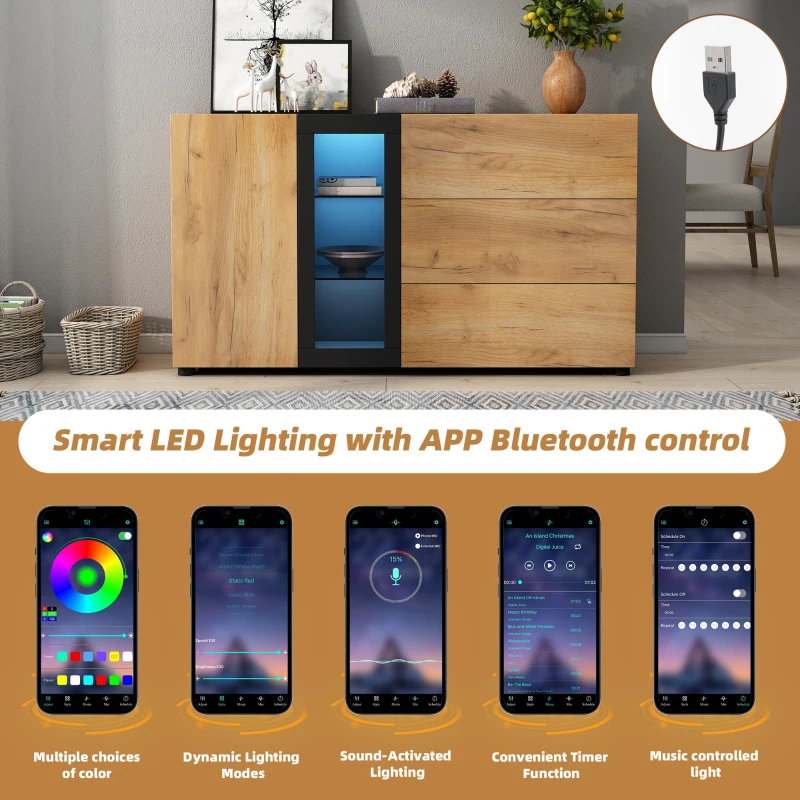 Modern Sideboard with 3 Drawers, LED Lighting, Storage Cabinet with Adjustable Glass Shelves, 140L x 40W x 80H cm, Black+Brown