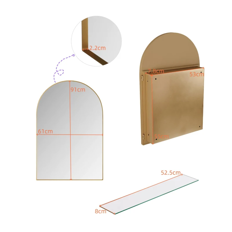 Armoire murale avec miroir arqué et cadre en métal, pour salle de bain, salon et chambre à coucher, 91x61x12 cm, Or