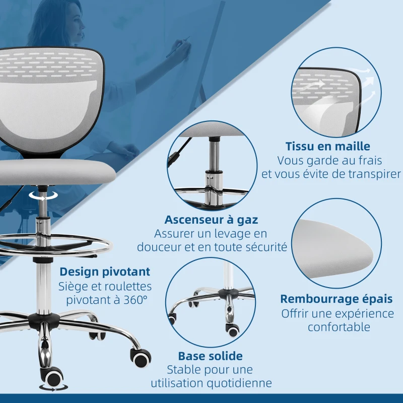 Vinsetto Ergonomischer Mesh-Bürostuhl, Zeichenstuhl, höhenverstellbar und mit Fußstützen, 59 B x 59 T x 106-126 H cm, Hellgrau