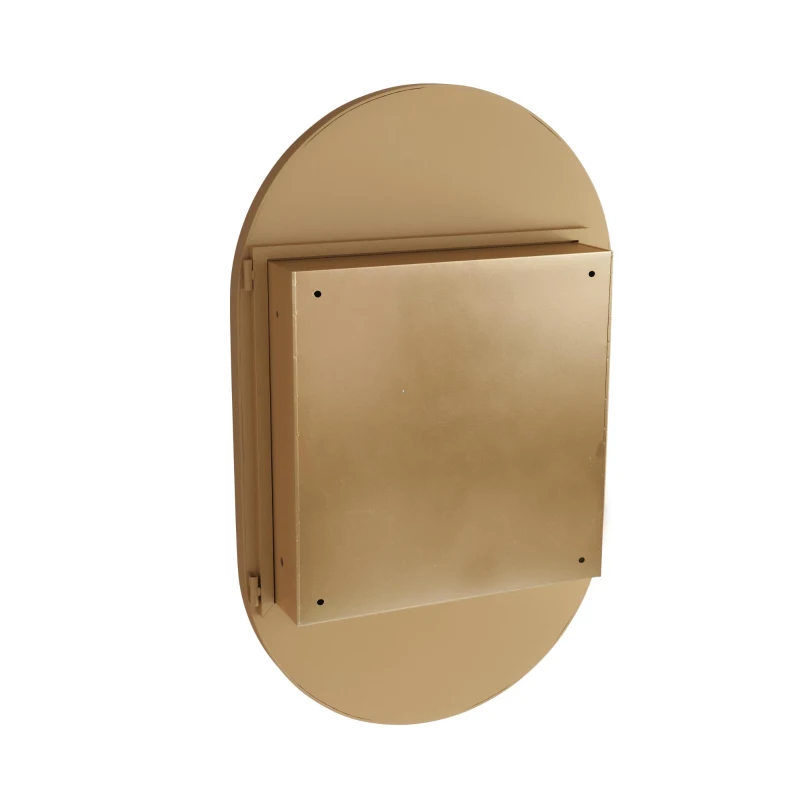 Armadio a specchio ovale da parete, armadietto con specchio e spazio interno per bagno, soggiorno e camera da letto, 85x51,5x12 cm, Oro