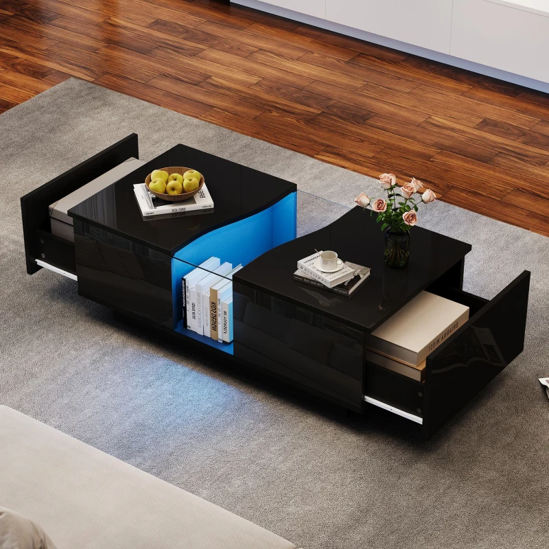 Modern High Gloss Coffee Table with 2 Storage Drawers, Unique Shape Centre Table with Customisable LED Lights, 100L x 50W x 35H cm, Black