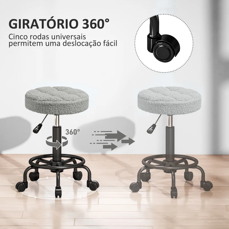 HOMCOM Banco Giratório Redondo Banco com Rodas Altura Regulável 50-66 cm Assento Estofado em Tecido tipo Borreguito Cinza