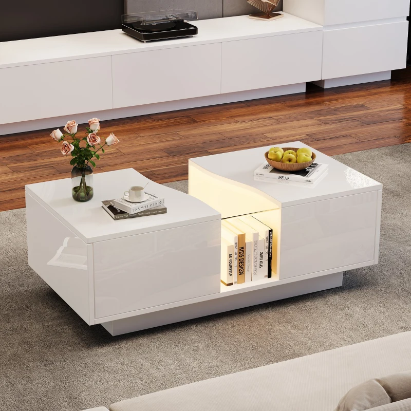 Modern Coffee Table with 2 Storage Drawers, High Gloss Finish, Customisable LED Lights, Ideal for Living Room, 100L x 50W x 35H cm, White