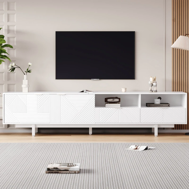 Modern Bohemian TV Entertainment Center with Cabinet and Drawers, Geometric Lines TV Stand for 90 Inch TVs, 200L x 40W x 51H cm, White