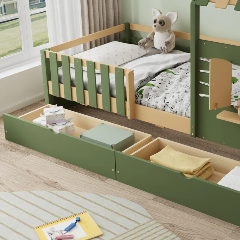 3ft Single Bed with 2 Storage Drawers, Safety Guardrail, Children's Wooden Bed with Faux Roof Design, 197.5L x 97W x 166H cm, Green+Natural
