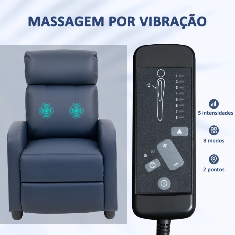HOMCOM Poltrona de Massagem Reclinável com 2 Zonas de Massagem 8 Programas e 5 Níveis de Intensidade 68x88x98 cm Azul Escuro