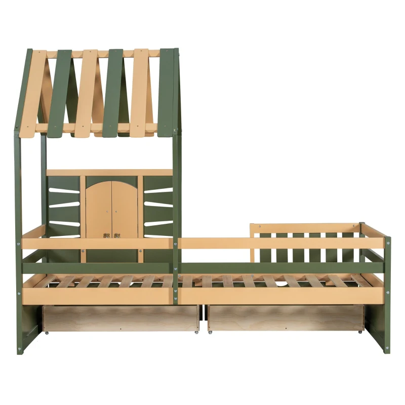 3ft Single Bed with 2 Storage Drawers, Safety Guardrail, Children's Wooden Bed with Faux Roof Design, 197.5L x 97W x 166H cm, Green+Natural
