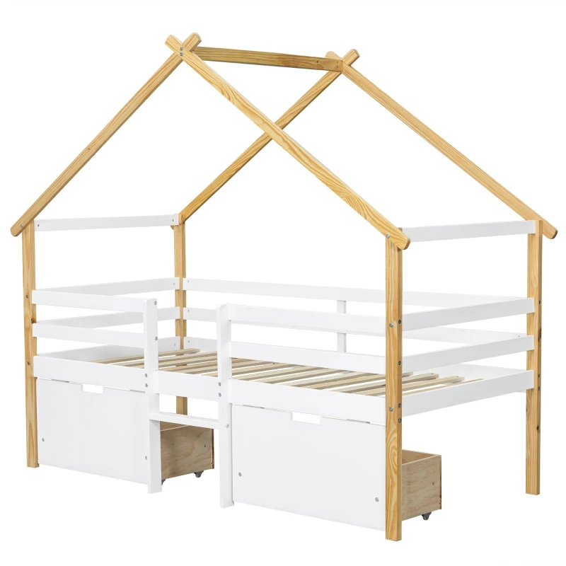 3ft Children's Bed with 2 Storage Drawers, Safety Guardrail, MDF and Pinewood Frame, Roof Design, 201.5L x 95W x 212H cm, White+Natural