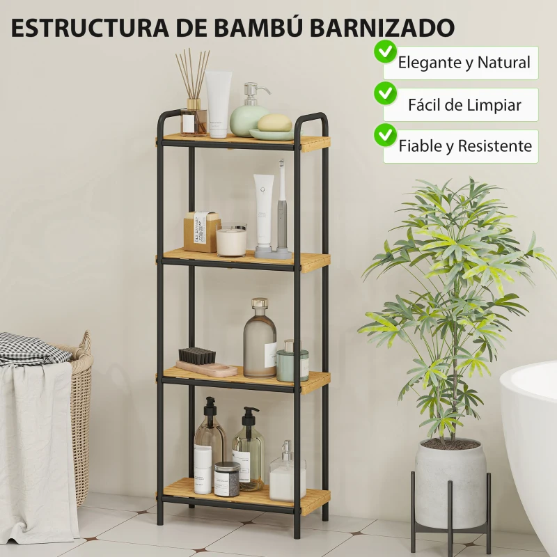 HOMCOM Estantería de Baño de Bambú con 4 Baldas Abiertas Diseño de Lamas y Estructura de Acero 41,5x21,5x106 cm Natural