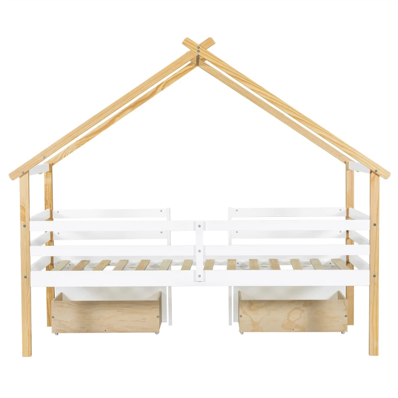 3ft Children's Bed with 2 Storage Drawers, Safety Guardrail, MDF and Pinewood Frame, Roof Design, 201.5L x 95W x 212H cm, White+Natural