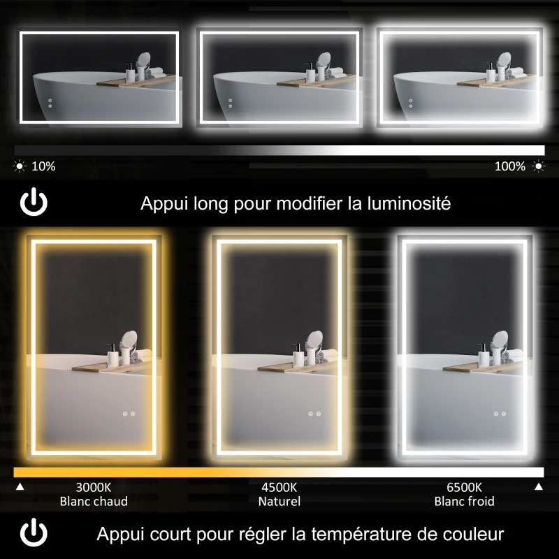 HOMCOM Miroir salle de bain éclairage LED miroir lumineux salle de bain mural interrupteur tactile lumière 3 couleurs 80x100cm