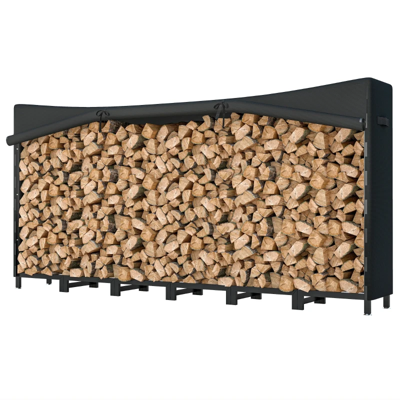 Outsunny Metallisches Außen-Holzregal für Kaminholzständer mit wasserdichter Abdeckung und Stahlketten 235x31x116 cm Schwarz